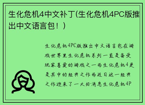 生化危机4中文补丁(生化危机4PC版推出中文语言包！)